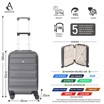 Aerolite (55x35x25cm) Hard Shell Carry On Hand Cabin Luggage Suitcase with 4 Wheels and Built-in TSA Combination Lock, Max Size for Air Europa, Air France, Alitalia, KLM & Transavia - Charcoal